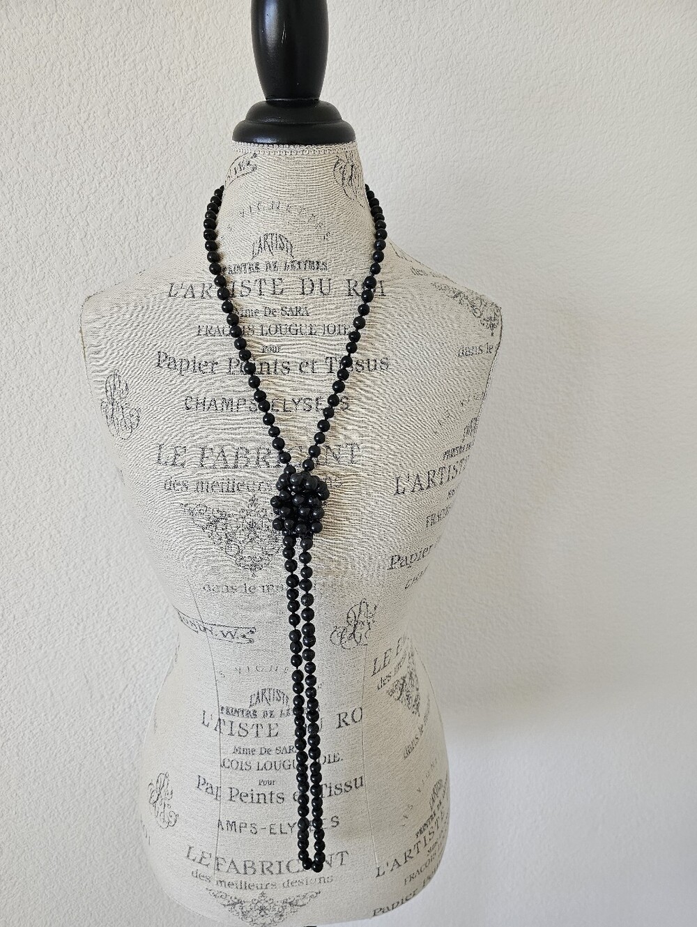 Vintage Ultra Long Black Granite Stone Knotted Rope Necklace Flapper Endless